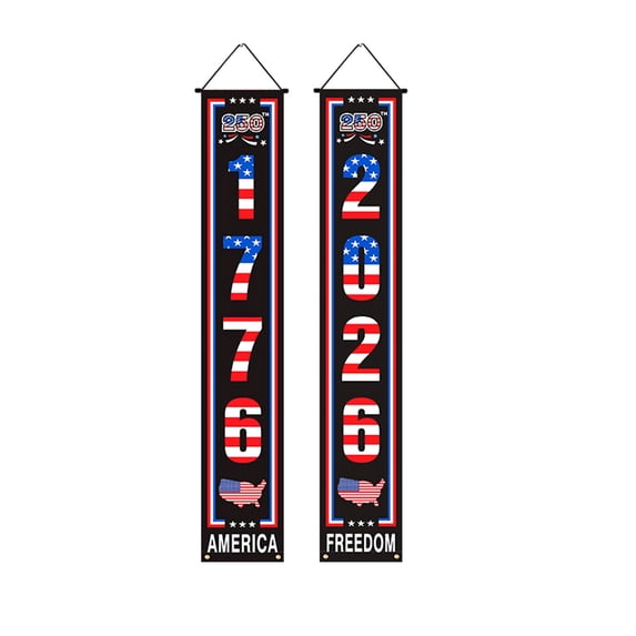 2 Pack 4th of July Hanging Decorations, American USA Flag Banners for Outdoor Porch, Independence Day Memorial Day Veterans Day Patriotic Door Signs and Party Supplies with Stars and Stripes Design