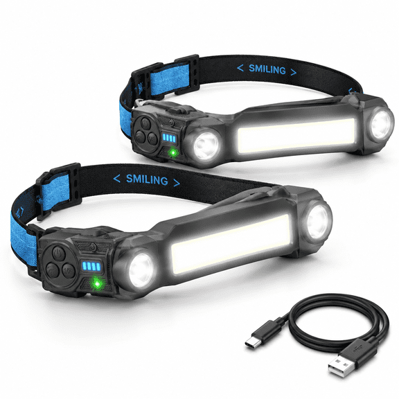 2 Pack 4x Floodlight & Strobe LED Headlamp with Dual Spotlight, Rechargeable 2400mAh