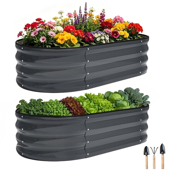 OBENSKY Galvanized Raised Garden Bed,2 Pack 4x2x1ft Oval Metal Planter Box Outdoor for Vegetables,Flowers,Fruits-Gray