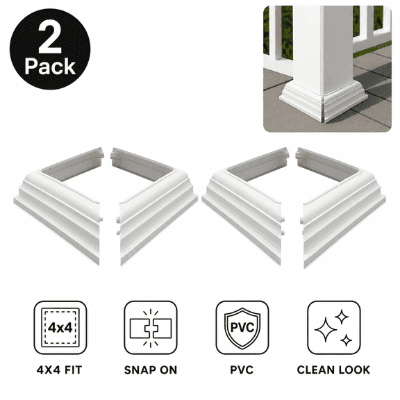 2 Pack 4x4" Vinyl Post Skirt PVC Split Post Base Cover, Snap-On Fence Trim Ring for Porch Hand Stair Rails