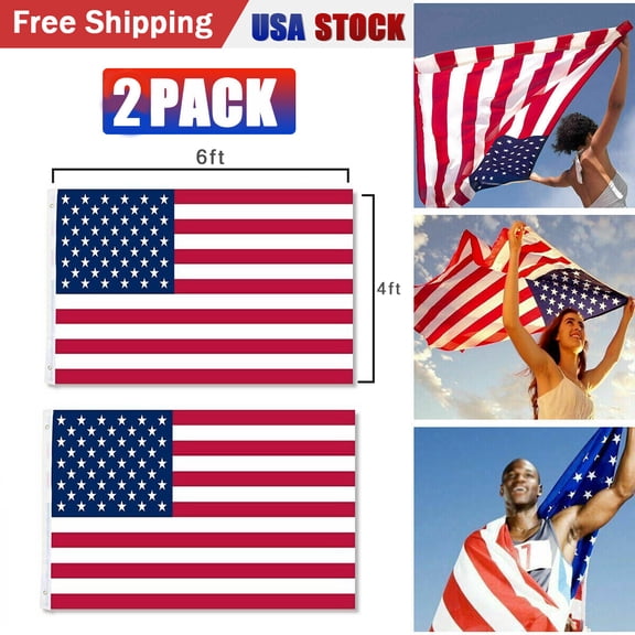 2 Pack 4x6 FT American Flag USA Flag Outdoor Flag with Brass Grommets Embroidered Stars & Sewn Stripes 300D Heavy Duty Nylon for Courtyard Garden Porch Independence Day Patriotic Holiday Decoration