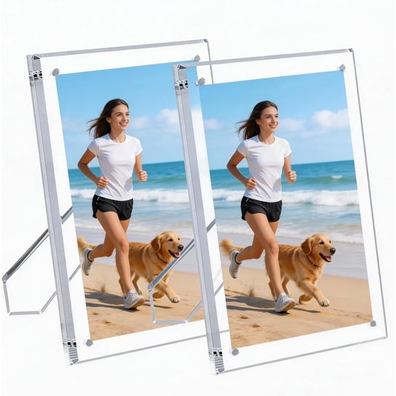 2 Pack 4x6 (Full Size:5x7) Acrylic Picture Frames With Stand, Clear Magnetic Photo Frame, Frameless Tabletop Picture Frame with Magnets for Home Office Desktop Display Horizontal or Vertical