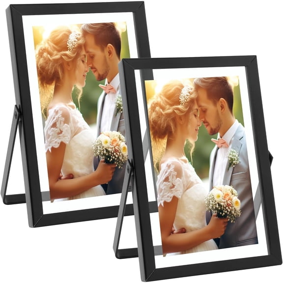 , 2 Pack, 4x6 Inch Metal Picture Frames, Floating Display for 3x5, 2x3 Photos, with Real Glass and Pull-Out Easel Stand for Tabletop Display (Vertical) - Matte Black