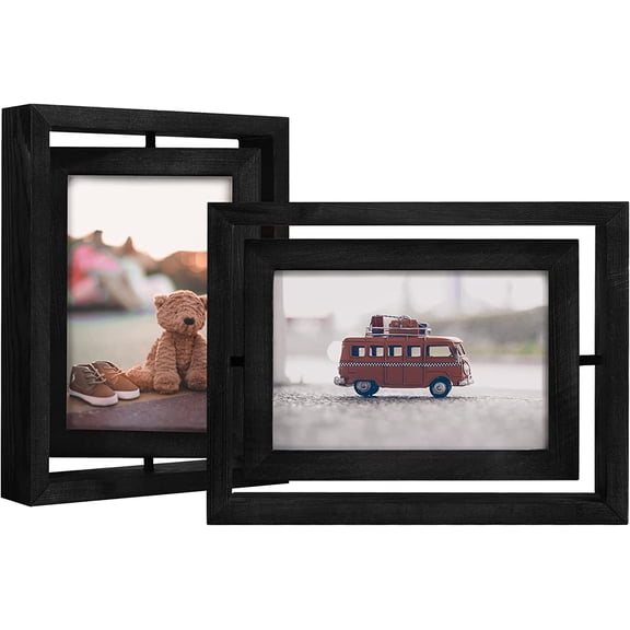 2 Pack 4x6 Rotating Floating Picture Frames,Double-Sided Display with HD Glass Front Wooden Distressed Frame for Vertical or Horizontal Tabletop Display, Black