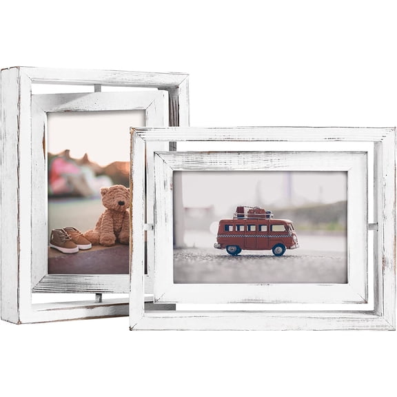 2 Pack 4x6 Rotating Floating Picture Frames,Double-Sided Display with HD Glass Front Wooden Distressed Frame for Vertical or Horizontal Tabletop Display, White