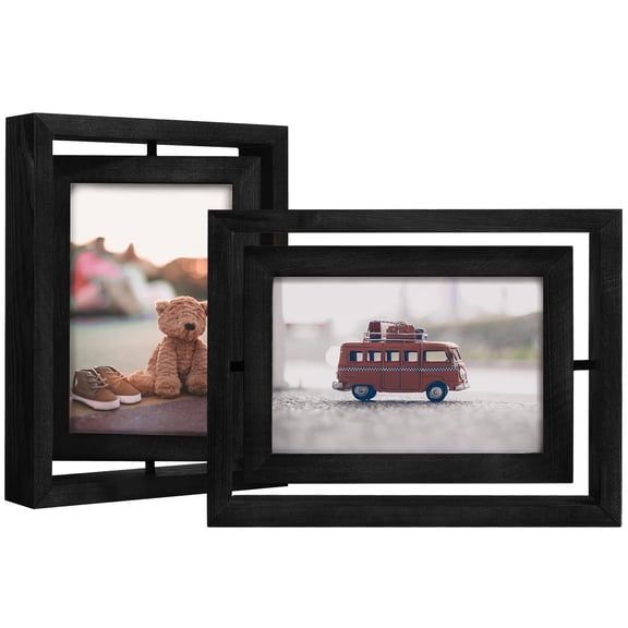 2 Pack 4x6 Rotating Floating Picture Frames Double-sided Display With Hd Glass Front Wooden Distressed Frame For Vertical Or Horizontal Tabletop Black