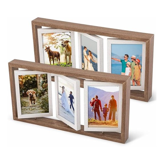 2 Pack 4x6 Rotating Picture Frame, Double-sided Display 6 Photos Rustic Wood Hinged Folding Triple Collage Photo Frame, Glass Floating Desktop Display, Gift for Home & Office