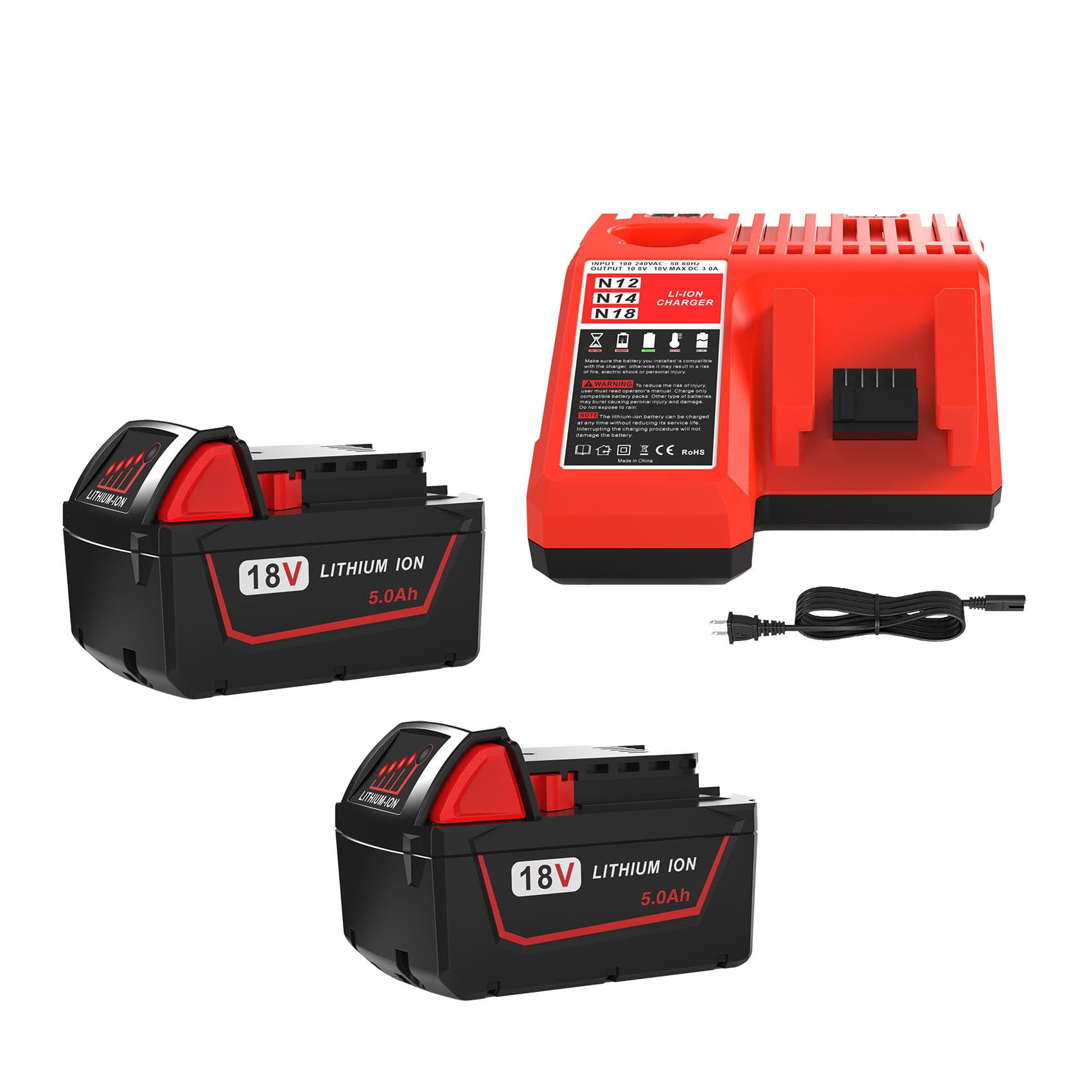 SKYON 2-Pack 18V 9Ah & 8Ah Batteries With Charger For Milwaukee M-18 Tools - High Output Lithium-Ion Kit