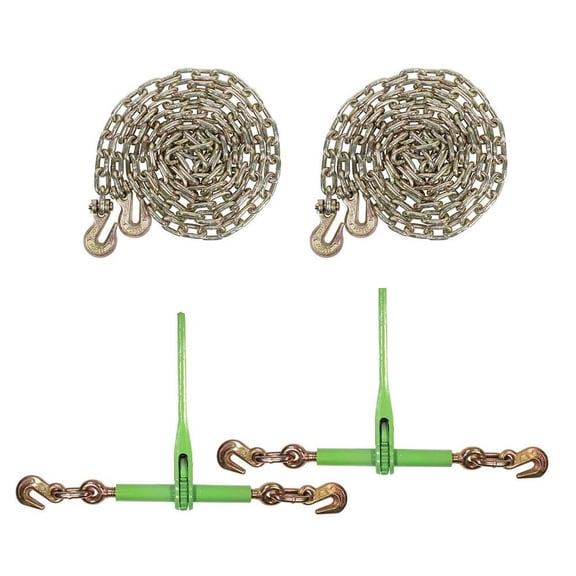 2 Pack 5/16"- 3/8" Heavy Duty Hi-Viz Green Ratchet Chain Binder w/ 5/16" Grab Hook & 1/2" Slip Hook, 5,400 Lbs WLL & 2 Pack 5/16 Inch x 16 FT Grade 70 Binder Chain w/Clevis Grab Hooks