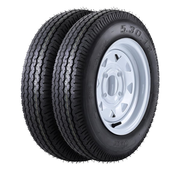 2-Pack 5.30-12 Trailer Tire & Wheel Assemblies, 12" White Spoke Rim, 4 Lug 4" Bolt Pattern, Load Range C, 6PR, Heavy Duty, All-Weather for Utility, Boat & Camper Trailers, 5.30-12 6PR 4 holes