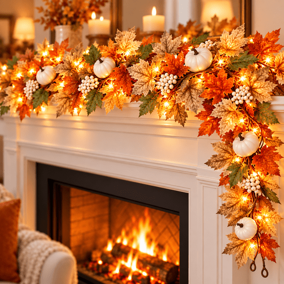 Skimsklo 2-Pack 5.5Ft Artificial Fall Maple Leaf Garland Set with White Pumpkins Berries and Separate LED String Lights Unassembled Thanksgiving Decor
