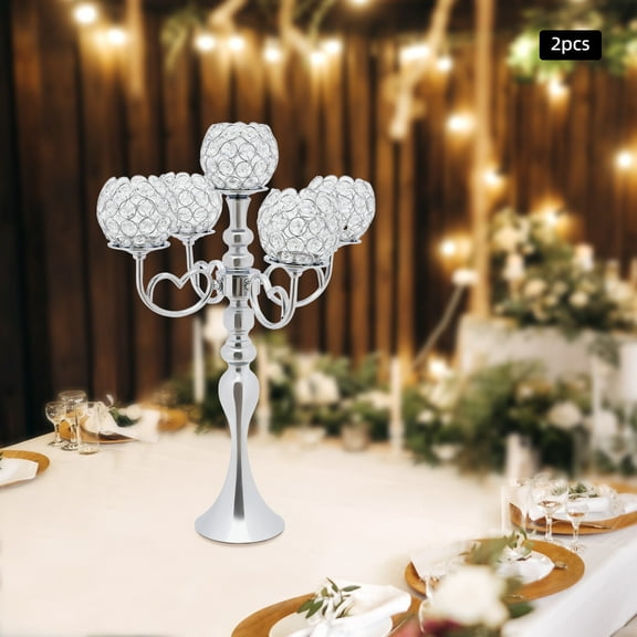 2 Pack 5 Arm Crystal Candelabra Centerpieces, 21.5 Inch Tall Candle Holder