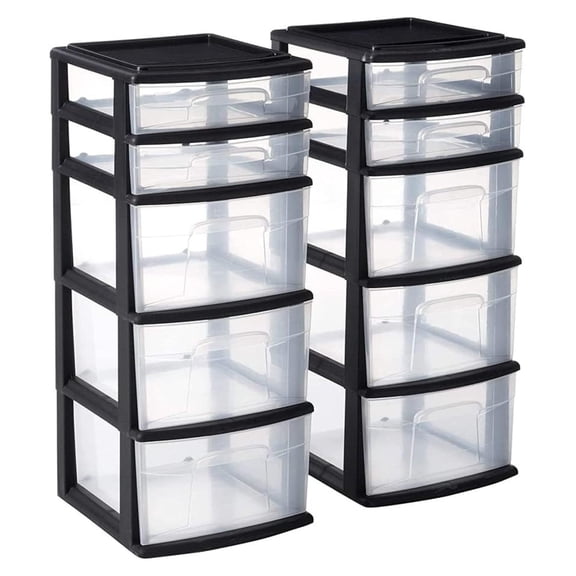 2-Pack 5-Drawer Storage Unit, Home & Office Plastic Organizer, Black Frame