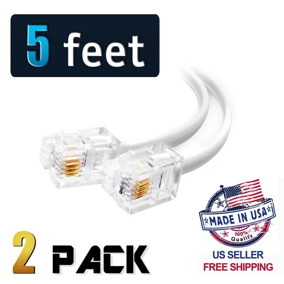 (2 Pack) 5 Feet White Telephone Cable Rj11 6P4C 60" Phone Line Cord 5Ft