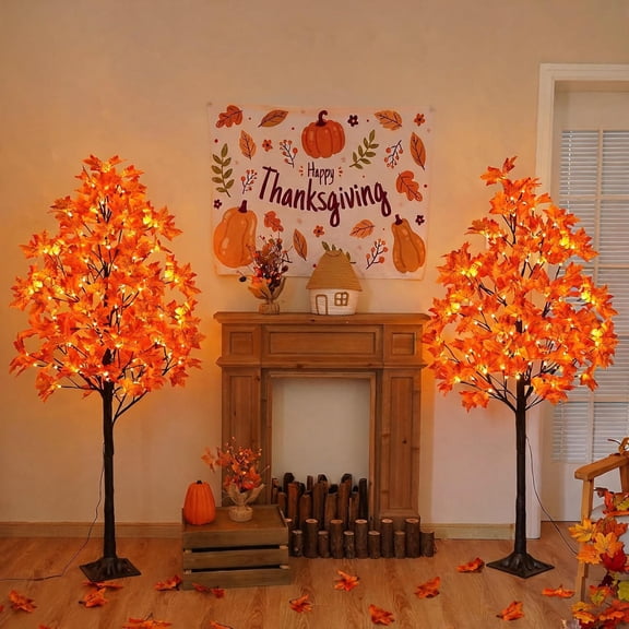 2 Pack 5 Foot Artificial Lighted Maple Tree with 96 LED Warm White Lights Timer and 192 Ultra-Dense Leaves for Indoor Outdoor Fall Thanksgiving Decor