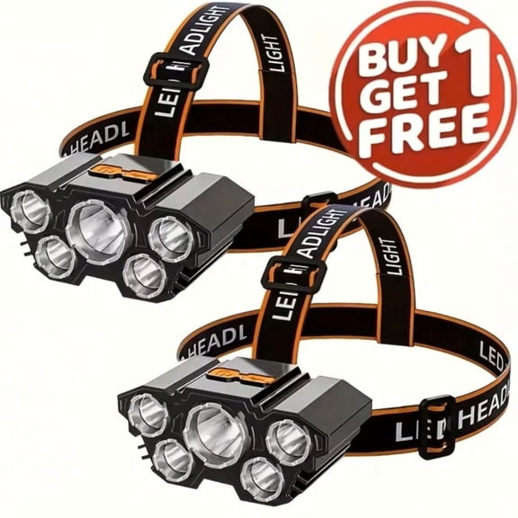 2-Pack 5-LED Rechargeable Headlamps (Buy 1 Get 1 Free) - 4-Mode USB Head-Mounted Flashlights for Outdoor Camping, Hiking & Fishing, Black