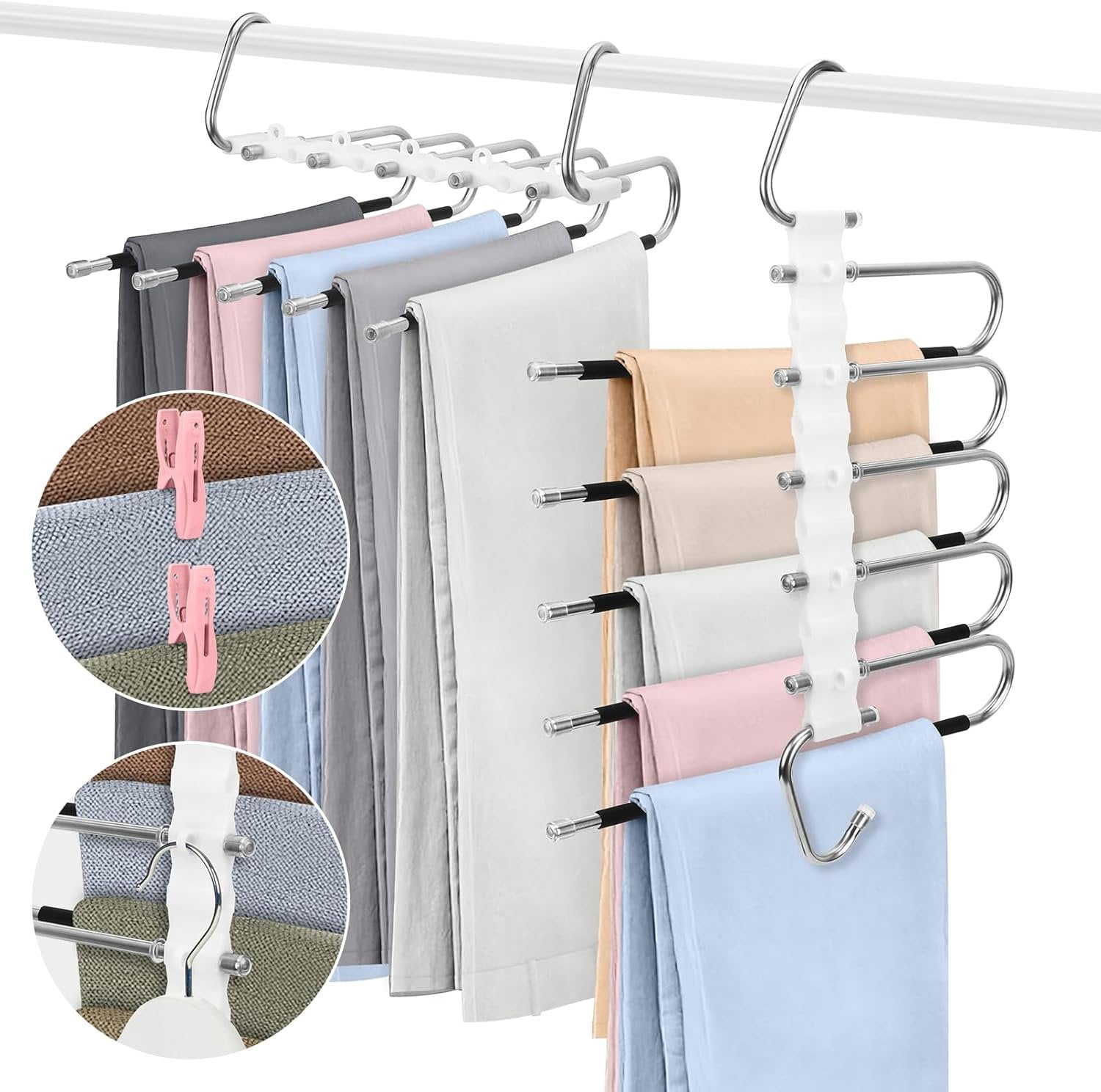 2 Pack 5 Layers Pants Hangers Space-Saving Stainless Steel Closet ...