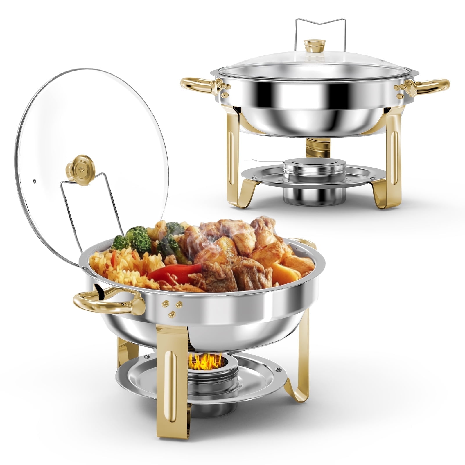 Gold Stainless Steel Round Chafing Dish Buffet Set with Glass Lid, 5QT, 2-Pack