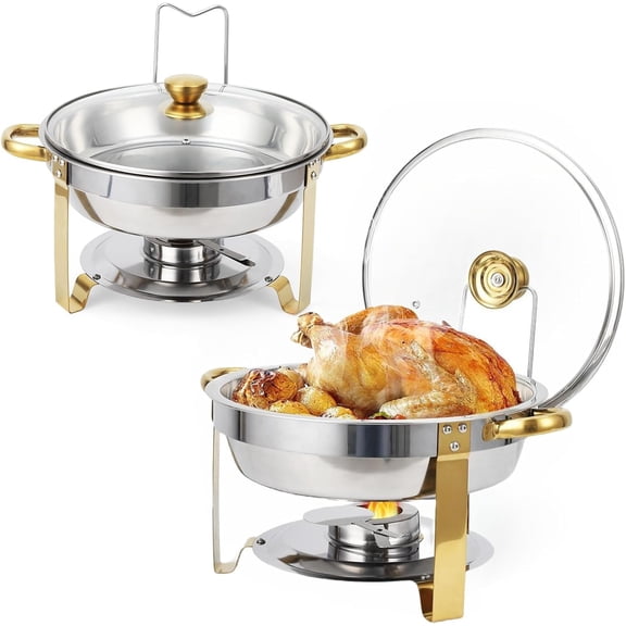 2 Pack 5 QT Stainless Steel Chafing Dish Buffet Set, Round Buffet Servers with Glass Lid & Lid Holder, Party & Wedding Food Warmers, Gold