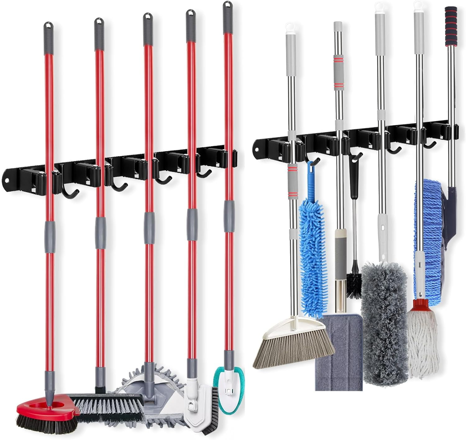 [2 Pack] 5 Racks and 4 Hooks Mop and Broom Holder Wall Mount, Self ...