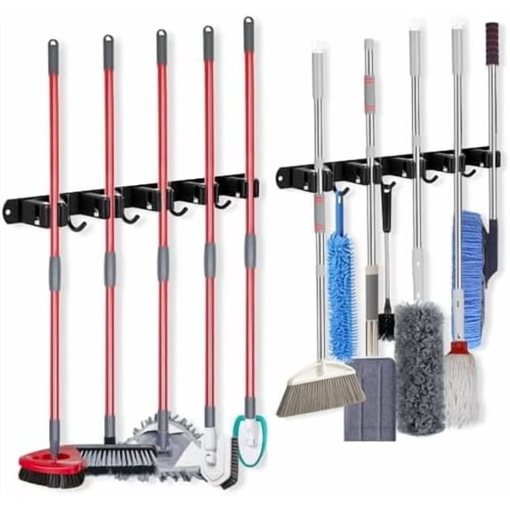 [2 Pack] 5 Racks and 4 Hooks Mop and Broom Holder Wall Mount, Self ...
