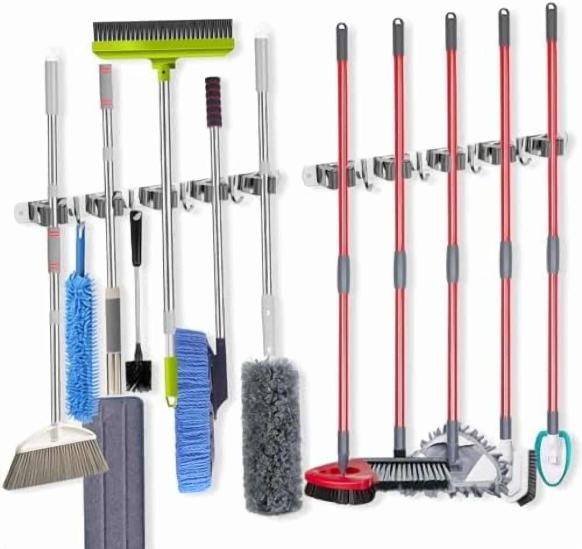 [2 Pack] 5 Racks and 4 Hooks Mop and Broom Holder Wall Mount, Self ...