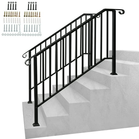 2 Pack 5 Step Handrails for Outdoor Steps, Wrought Iron Stair Railing Fits 4 or 5 Steps, Metal Hand Rail with Installation Kit, Staircase Handrails for Concrete, Porch, Deck, Exterior Steps, Black