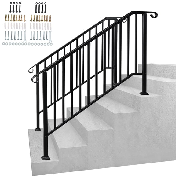 2 Pack 5 Step Handrails for Outdoor Steps, Wrought Iron Stair Railing Fits 4 or 5 Steps, Metal Hand Rail with Installation Kit, Staircase Handrails for Concrete, Porch, Deck, Exterior Steps, Black