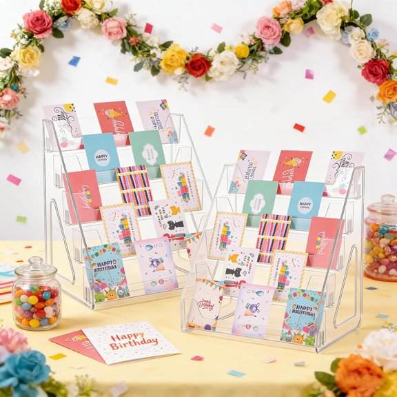 2 Pack 5 Tier Acrylic Card Display Stand(Tall Height) Clear Display Shelf Desktop for Greeting Cards Sports Cards Postcards Stickers Brochures Top Holder Display Rack for Psa Slabs Easy Clip-On