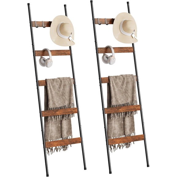 2 Pack 5-Tier Blanket Ladder with 4 Removable Hooks, Rustic Brown, 17.3" x 63"