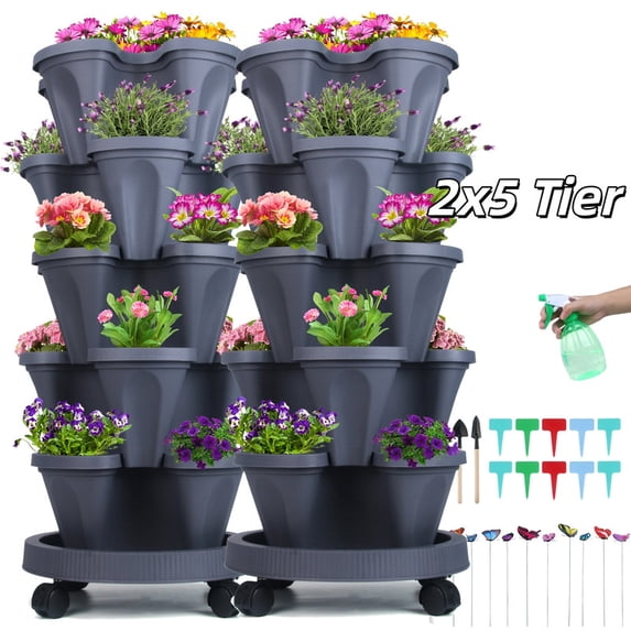 2 Pack 5 Tier Dark Gray Stackable Strawberry Planter Garden Tower for ...