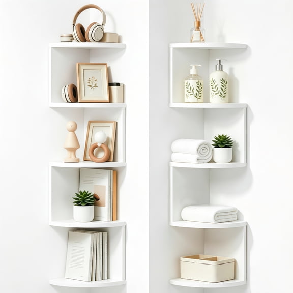 2 Pack 5-Tier Floating Corner Shelves, 2.53 Ft Wall Mount MDF Bookshelf Storage Display Organizer, White, Ideal for Bedroom Living Room Bathroom Home Office
