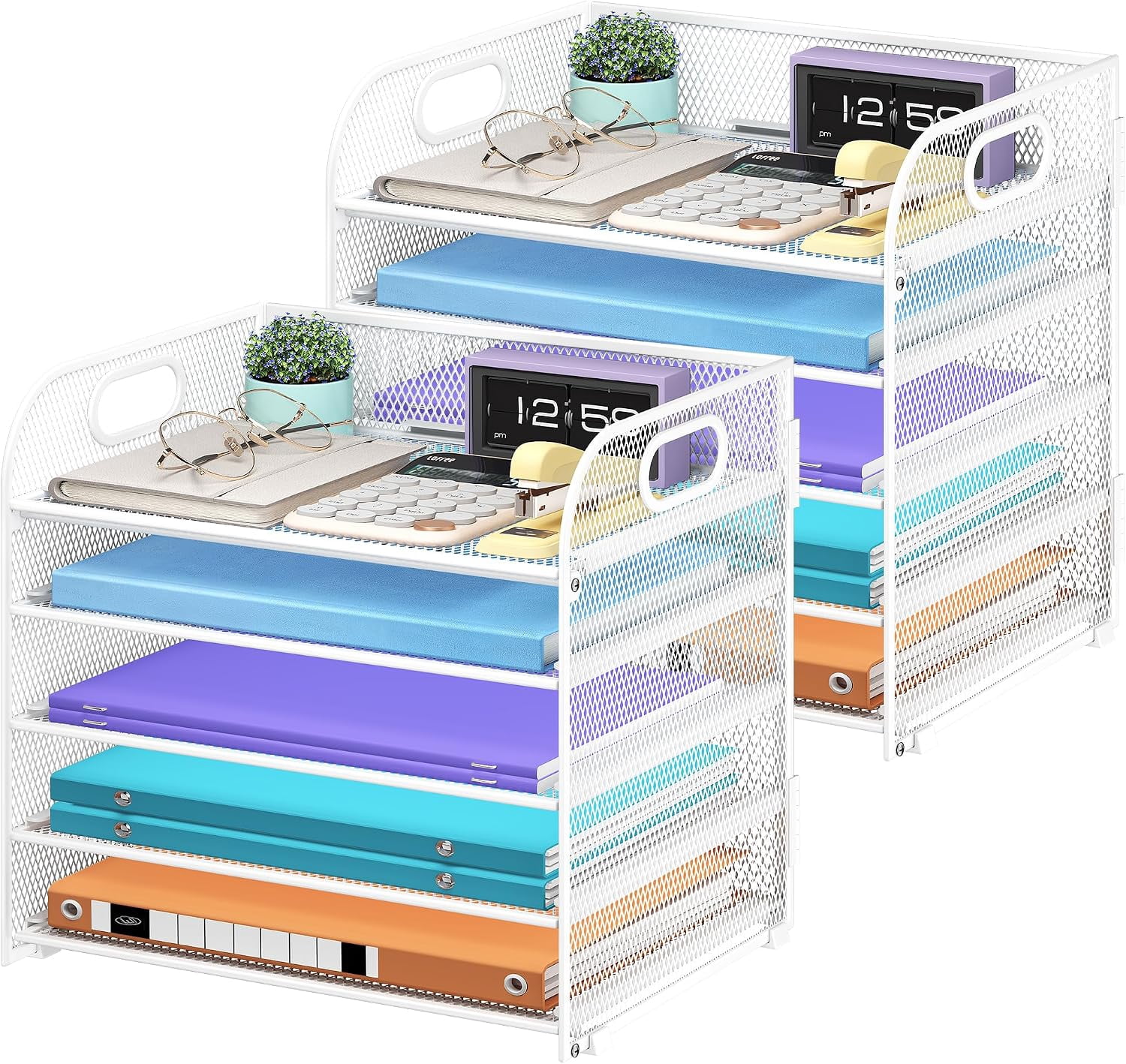 2 Pack 5 Tier Metal Mesh Paper Organizer with Handle, Letter Tray Desk ...