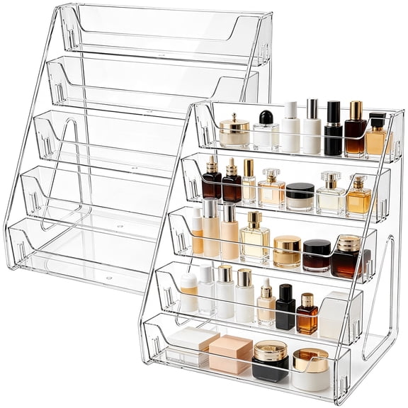 2 Pack 5-Tier Transparent Card Display, 12x8.5x13" Vertical Stepped Rack for Trading Sports Cards, Cosmetics & Skincare, Tool-Free Assembly
