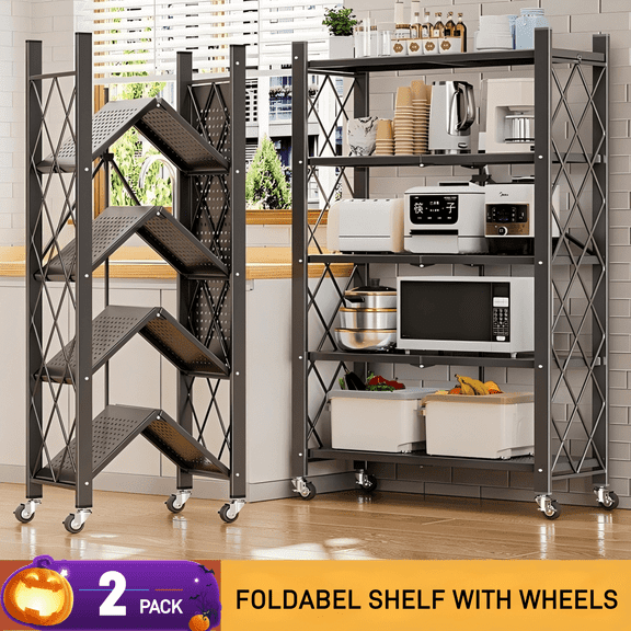 Joybos 5 Tiers Foldable Storage Organizer Wire Shelf Rack with Wheels,Holds Up To 1000 Pounds,Black，2-Pack