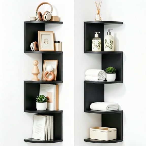 2 Pack 5-Tier Wall Mount Floating Corner Shelf, 2.53 Ft Storage Display Bookshelf,MDF Materials, Black