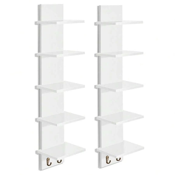 2 Pack 5 Tier Wall Mounted Floating Shelves with Hooks - Home Decor & Storage Organizer