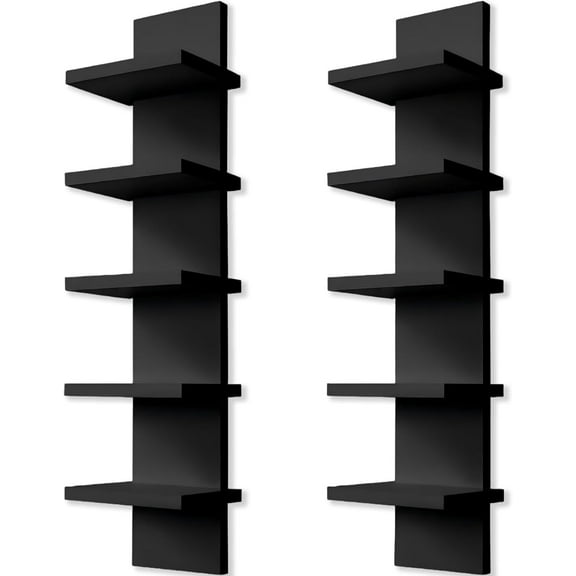 2 Pack 5 Tier Wall Shelf Unit ,Black Compact Narrow Smooth Laminate Finish - Vertical Column Wall Decor Mount Floating Storage Home Decor Organizer Tall Tower Utility Shelf