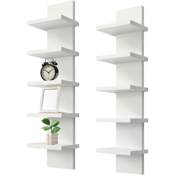 2 Pack 5 Tier Wall Shelf Unit - Narrow Smooth Laminate Finish - Vertical Column Wall Decor Mount Floating Storage Home Decor Organizer Tall Tower Utility Shelf for Bedrooms, Living Rooms(White)