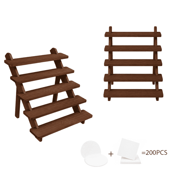 2pcs 5-Tier +200pcs Baking Papers Walnut Wooden Cupcake Stand,Solid Wood Dessert Display Riser for Cupcakes, Pastries, Cookies& Treats, Bakery Table Display for Parties, Weddings & Event