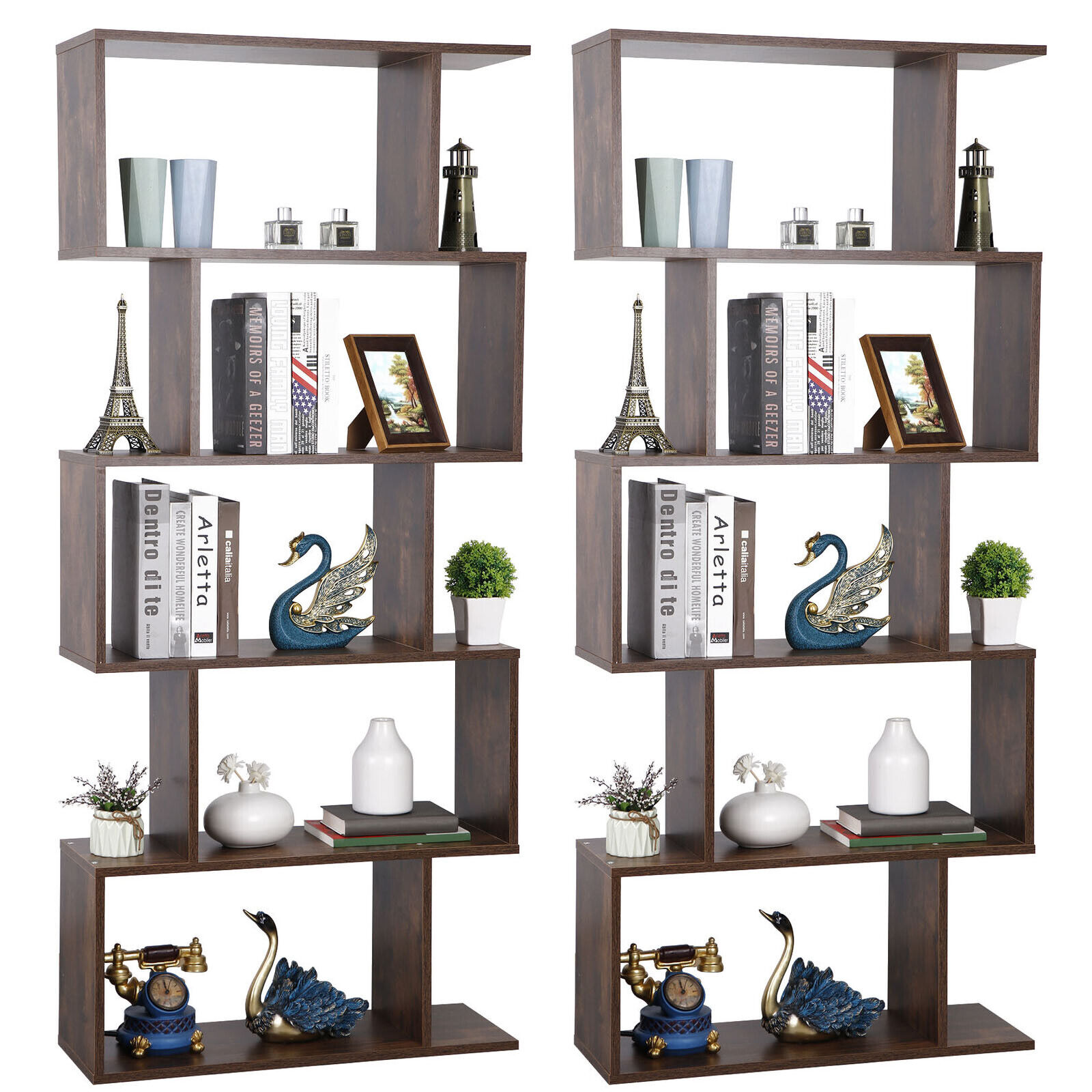 2 Pack 5Tier Wood Geometric Bookshelf Freestanding SShaped Display