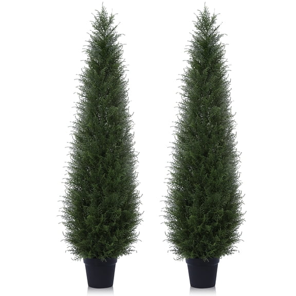 DR.Planzen 2-Pack 5ft Artificial Cedar Topiary Trees, UV-Resistant Outdoor Potted Plants for Porch & Garden Decor