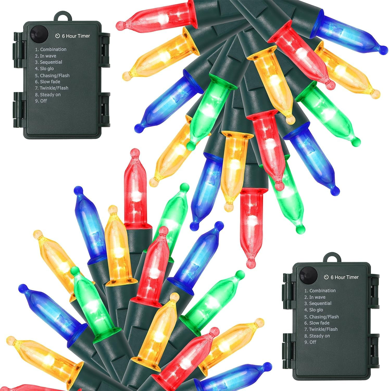 2 Pack 50 LED Outdoor Christmas Lights, 16FT Battery Operated Mini String Lights with 8 Modes & Timer, Xmas Tree Lights Waterproof for Patio Garden Party Wedding Holiday Decor, Multicolor