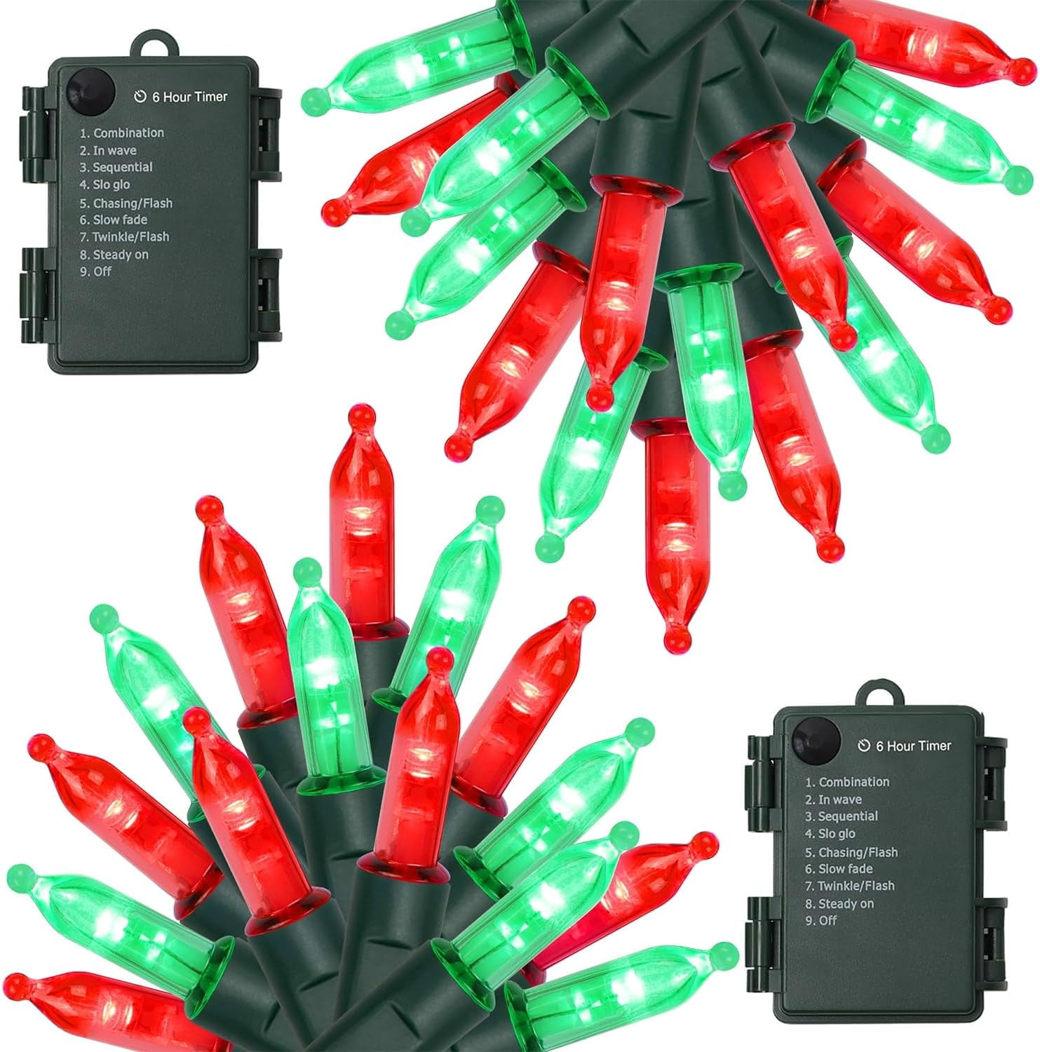 2 Pack 50 LED Outdoor Christmas Lights, 16FT Battery Operated Mini String Lights with 8 Modes & Timer, Xmas Tree Lights Waterproof for Patio Garden Party Wedding Holiday Decor, Red & Green