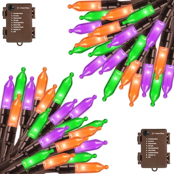 2 Pack 50 LED Outdoor Halloween Lights, 16 FT Mini String Light with 9 Modes & 6 Hour Timer, Waterproof Battery Operated for Indoor Outdoor Patio Garden Party Tree Decoration, Orange Purple Green