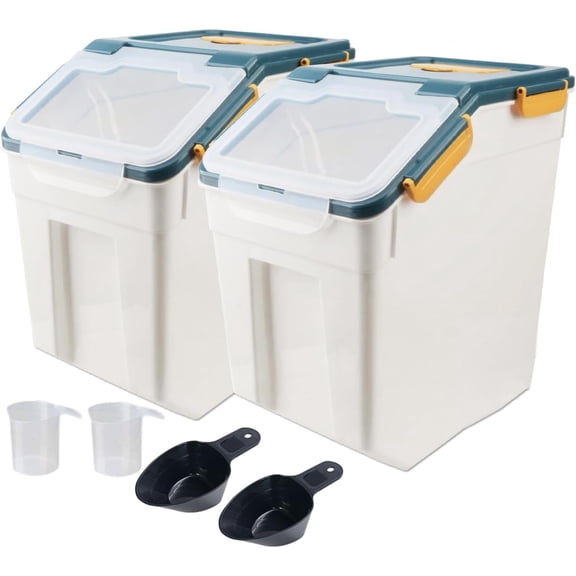 2 Pack 50 Lbs Airtight Rice Storage Container with Wheels, Food-Grade PP Dry Food Bin with Inclined Lid, Flour & Pet Food Storage Container for Cereal, Grains, Sugar, Blue