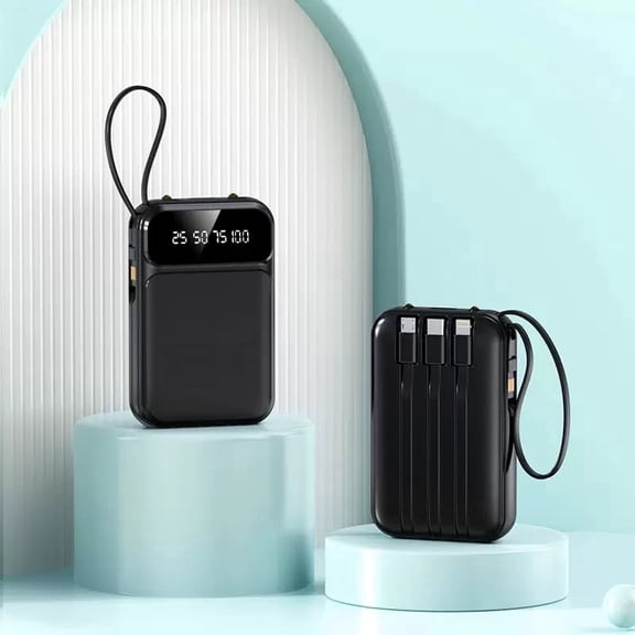 2 Pack 5000mAh Portable Power Bank Built-in Cables LED Display Flashlight Black
