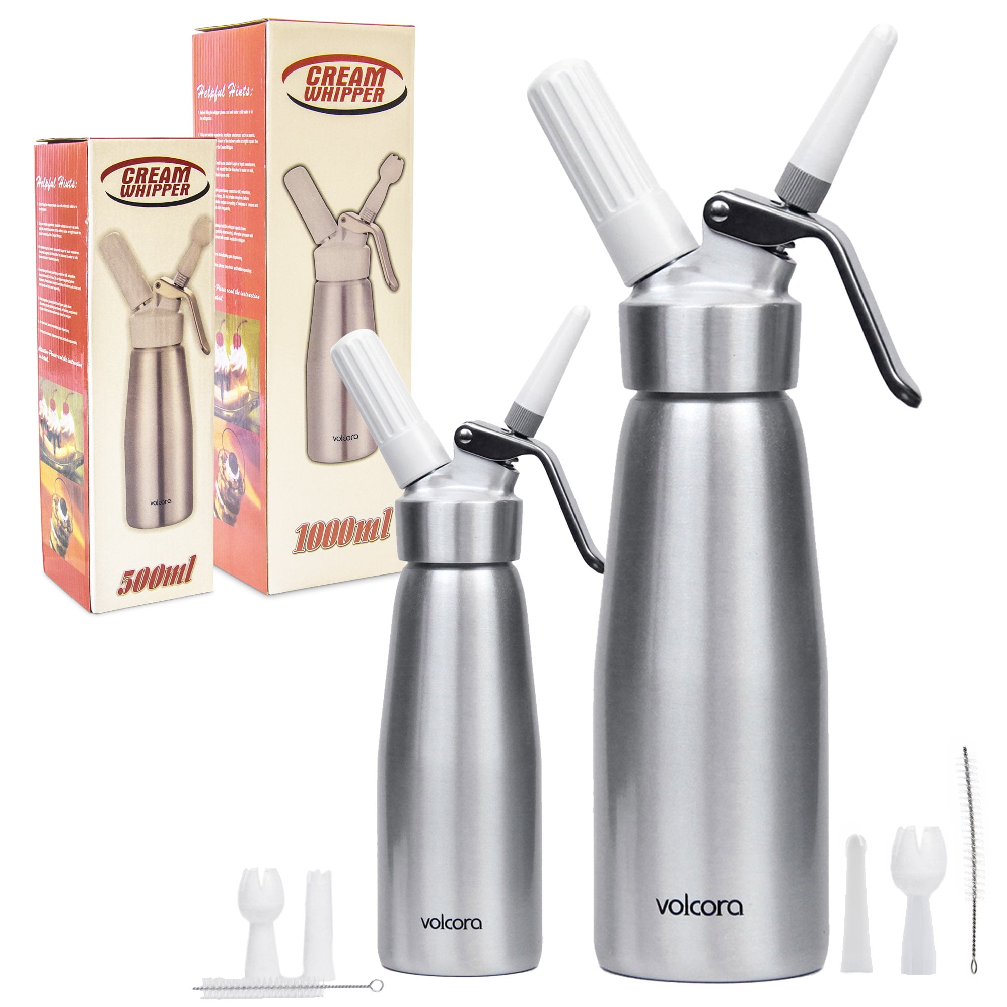 [2 Pack] 500ml and 1000ml Aluminum Whipped Cream Dispenser, Silver