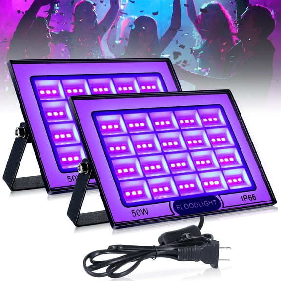 2 Pack 50W LED Black Light,IP66 Waterproof Blacklight with Plug and Switch,UV Black Lights for Glow Party,Halloween,Fluorescent Poster,Neon Glow,Stage Lighting