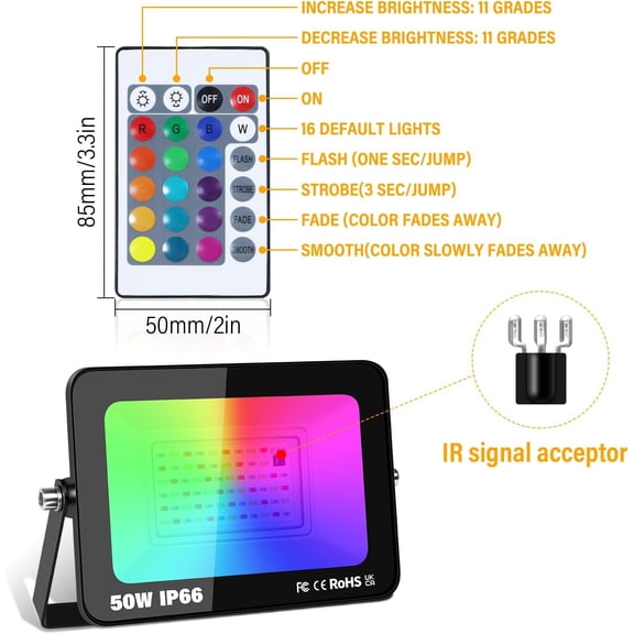 2 Pack 50W LED Flood Light Outdoor, 16 Colour Changing IP66 Waterproof RGB Flood Lights with Remote Control for Garden Yards Stage House Landscape Lighting